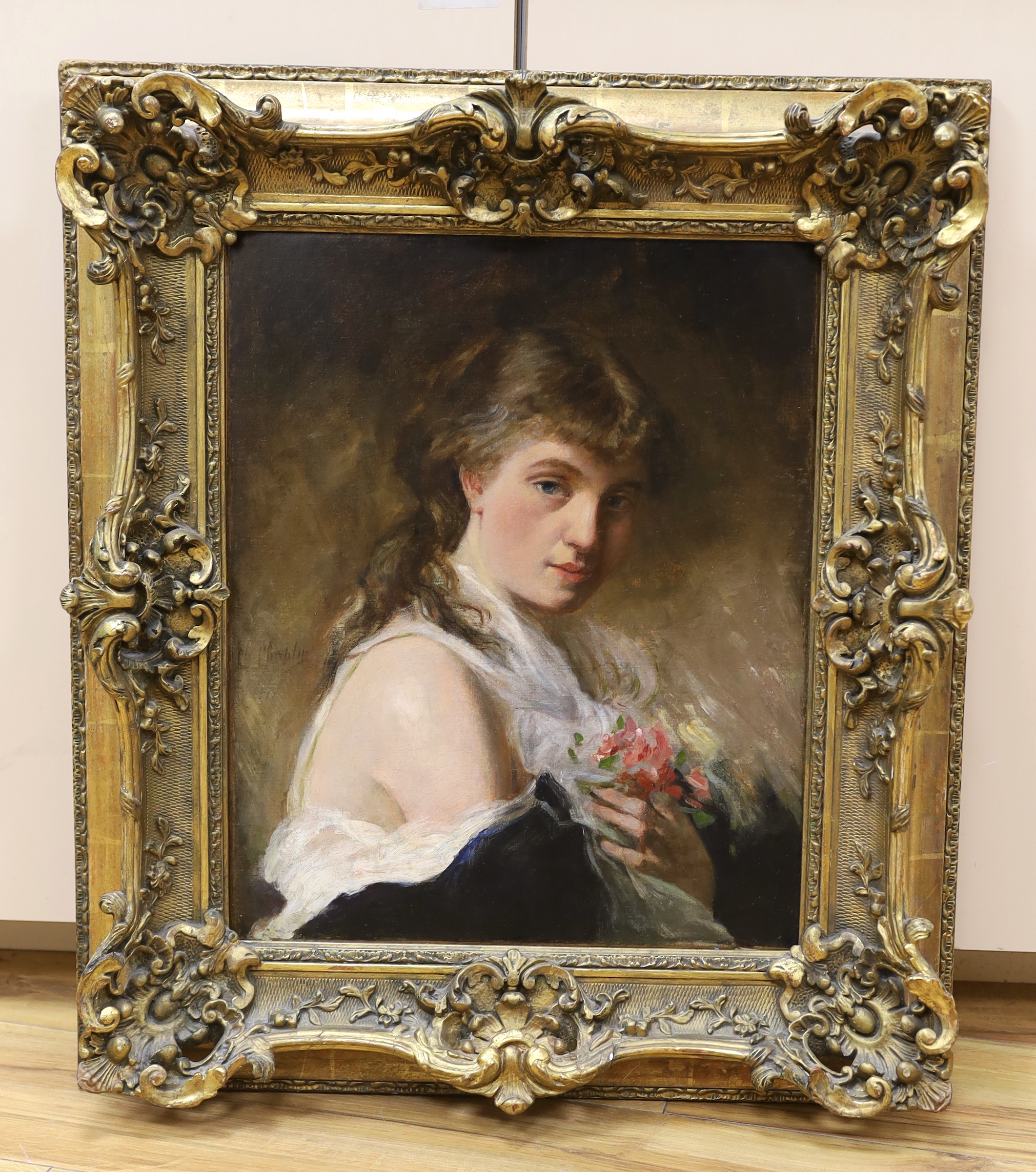 Charles Joshua Chaplin (French, 1825-1891), Portrait of a young beauty holding a bouquet of flowers, oil on canvas, 45 x 37cm